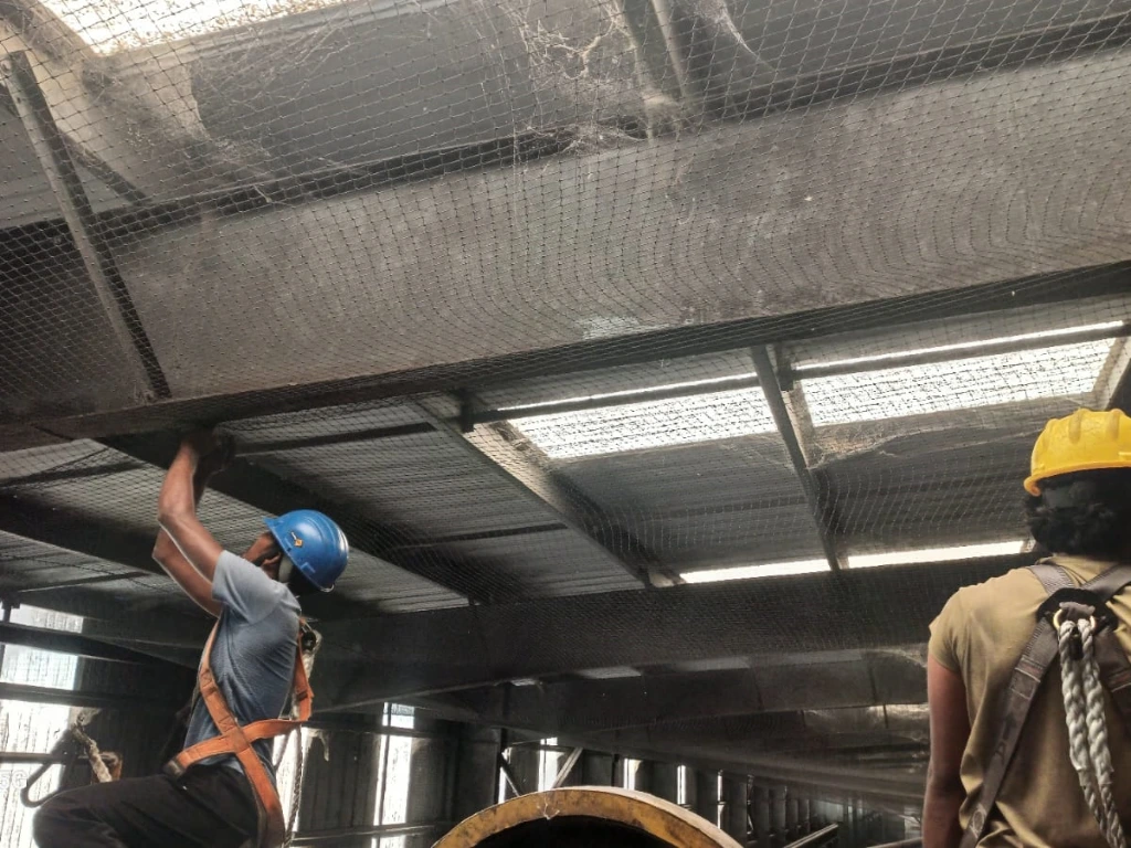 Professional industrial bird protection nets installation for factories, warehouses, and commercial buildings to prevent bird intrusion and maintain cleanliness.